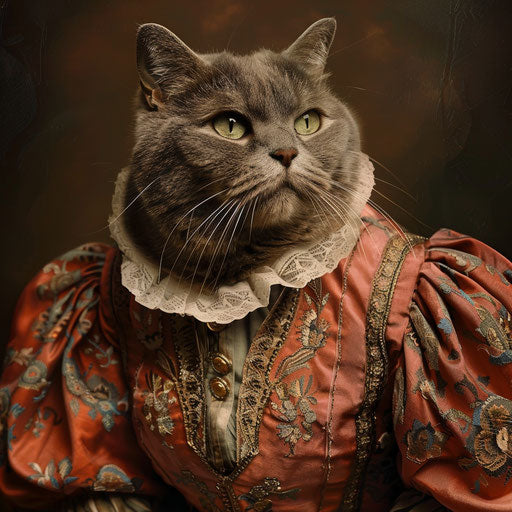 Rotund feline in feminine attire
