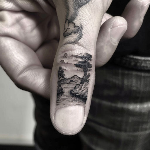 Finger tattoo depicting a surreal mini landscape