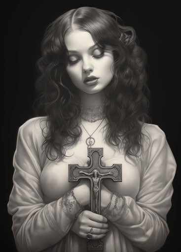 Black and white drawing of a woman holding a cross
