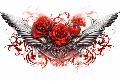 Rose tattoo with wings on white background, ornate decoration style