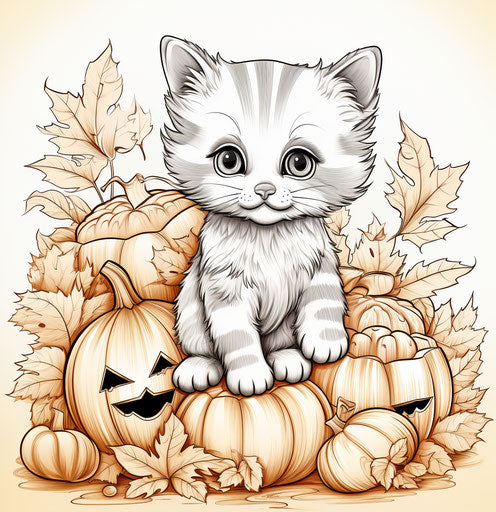 A happy little kitten in autumn with pumpkins