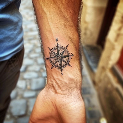 Men's wrist tattoos with nautical compass, Sailor Jerry style