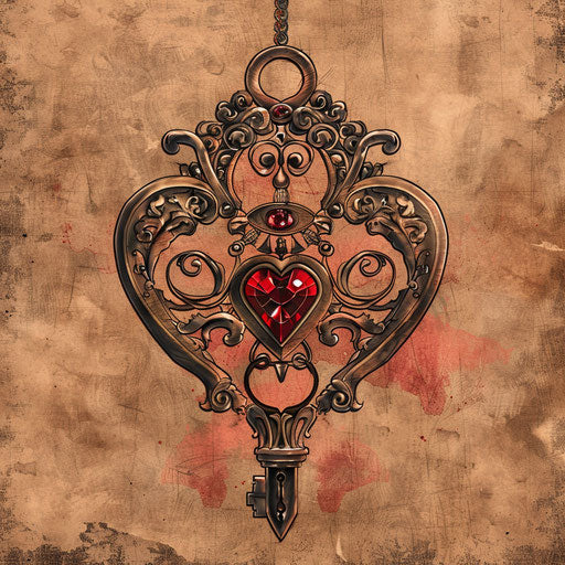 Rustic tattoo sketch of vintage lock and key with ruby centerpiece, antique red and bronze clipart style