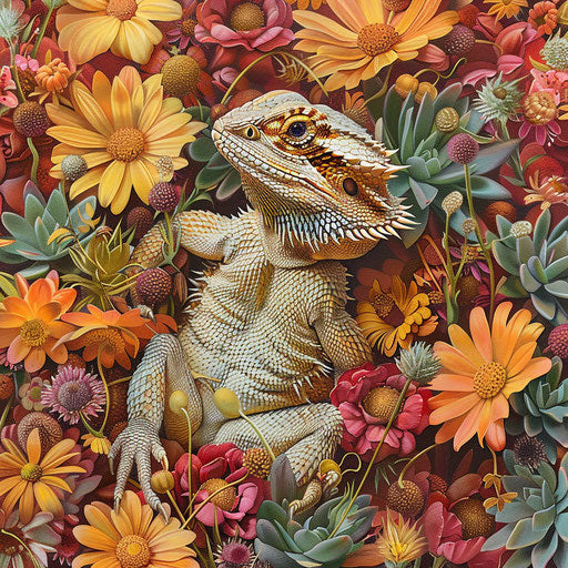 The bearded dragon blending among vibrant desert flowers