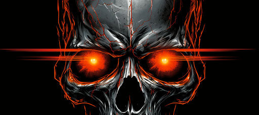 Skull with eerie red eye, strong linear style, dark silver and light orange