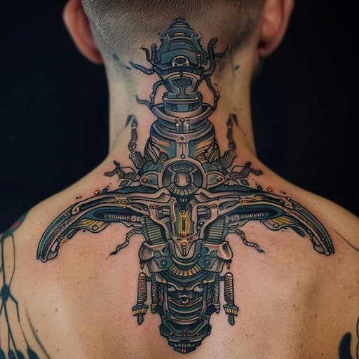 Biomechanical circuit tattoo on the back of the neck