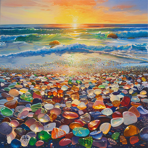 Golden sunrise over glass beach