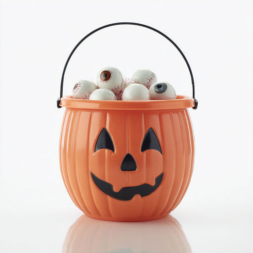 Orange pumpkin bucket filled with Halloween eyeball candy
