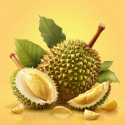 Durian clipart in realistic style with flat random background, ethereal glow and soft edges