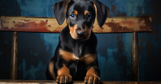 Black and tan puppy under a bar stool