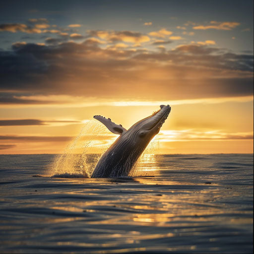 Blue whale breaking the surface of the ocean at sunset