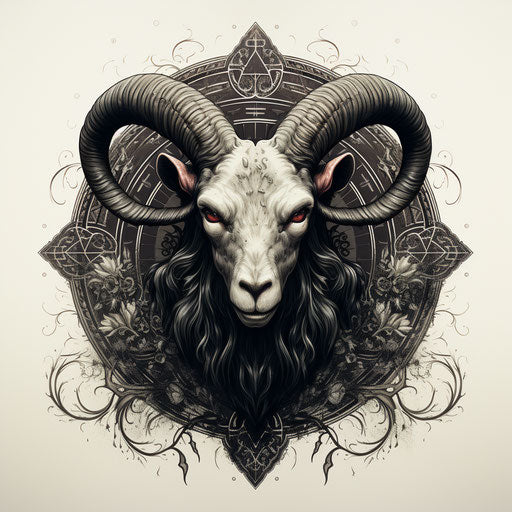 The devil the goat tattoo, metalcore style, dark romantic illustrations