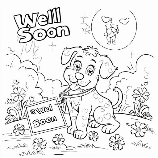 An adorable puppy bringing a Get Well Soon card with a wagging tail.