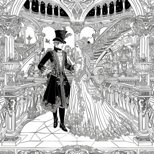 Elaborate masquerade ball with detailed costumes and decorations