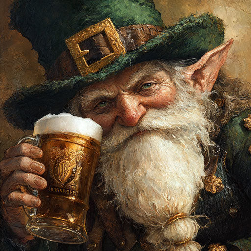 Leprechaun with beer, detailed face, green hat with gold accents