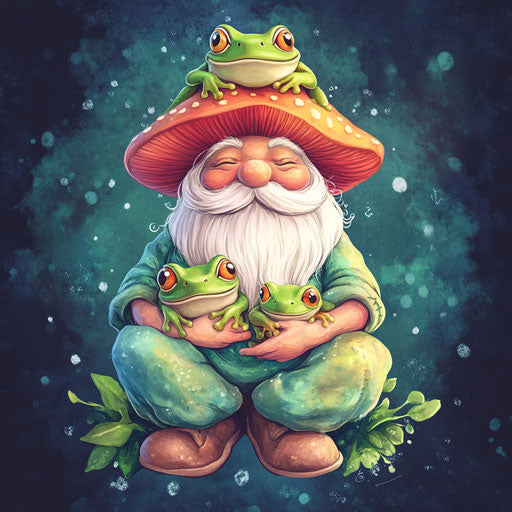 Adorable green mushroom gnome with baby frogs