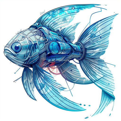 Cybernetic fish swimming in digital water, clipart style