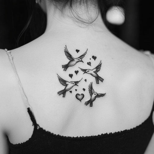 Female back tattoo in Ed Hardy style with sparrows and hearts flying