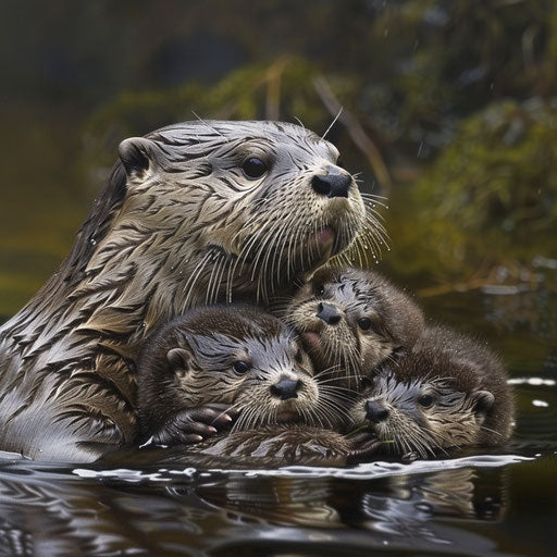 Mother otter teaches pups to swim in quiet cove