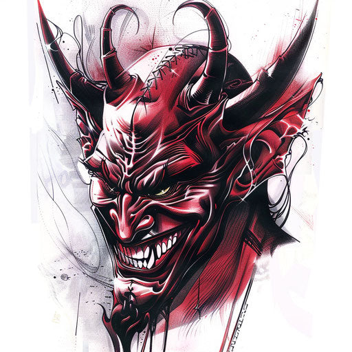 Hyper-realistic devil face tattoo in deep reds on white