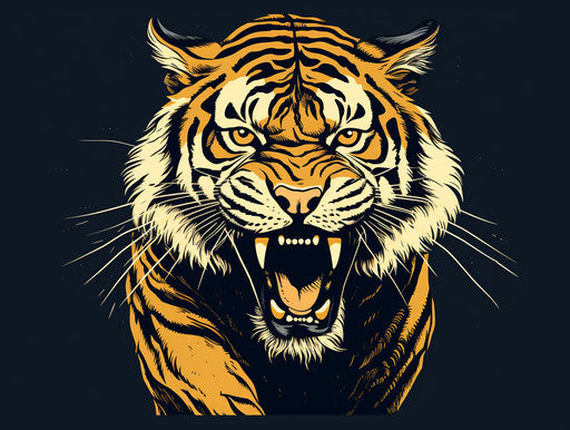 Black and gold tiger portrait on light background, bold outline style