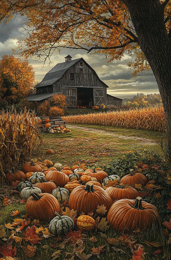 Rustic autumnal scene with pumpkins and old barn