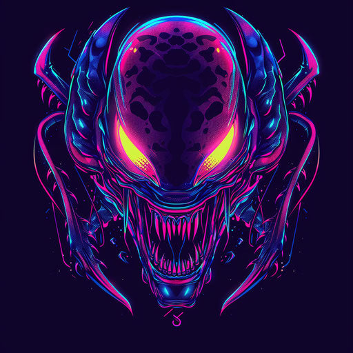 Futuristic tattoo sketch of a venomous alien, flat style in neon colors