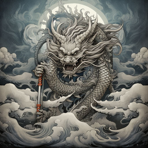 Japanese dragon with clouds and sword