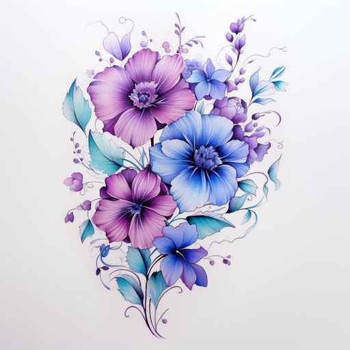 Blue and purple flowers on white background, tattoo style, pencil sketch, massurrealism, 1st version, realistic tones