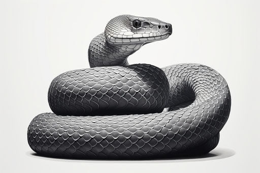 Black and white oiled snake drawing on white background, net art style, lith printing and hand-coloring