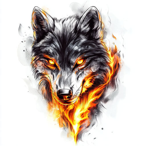 Hand tattoo sketch of wolf with glowing eyes and flames