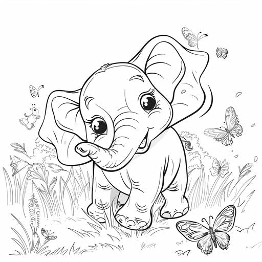 Cute baby elephant playing with butterflies in grassy field