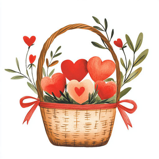 Valentine's Day heart basket with greenery and ribbon