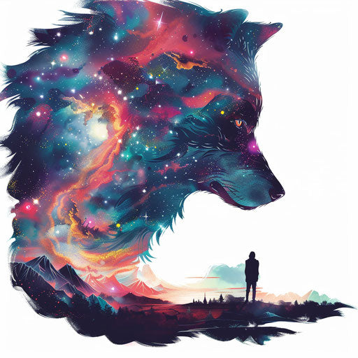 Surreal landscape with galaxy shaped like a wolf