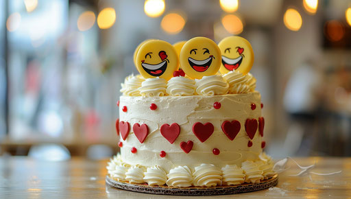 Cake with yellow smiley faces and heart decorations, white cream