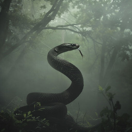 Black mamba snake in a misty forest