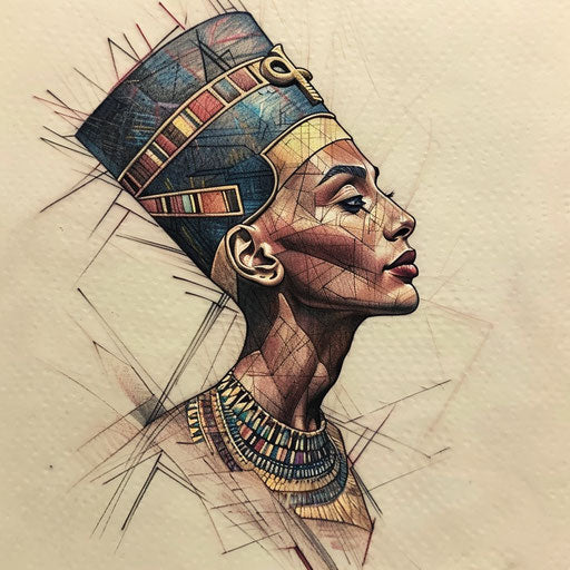 Peaceful flat tattoo sketch of Nefertiti in meditative pose