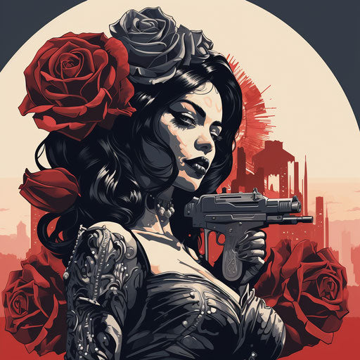 Black armed woman with roses, high-contrast shading style