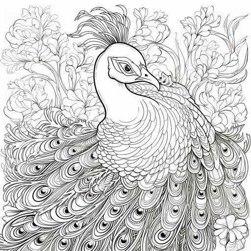 Adult coloring page with a stylized peacock drawing