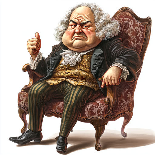 Humorous caricature of a J.S. Bach caricature clipart with human characteristics, exaggerated prominent chin, short legs, sitting on a couch, vibrant colors, cartoon style, thumbs down, high-resolution, no background, isolated