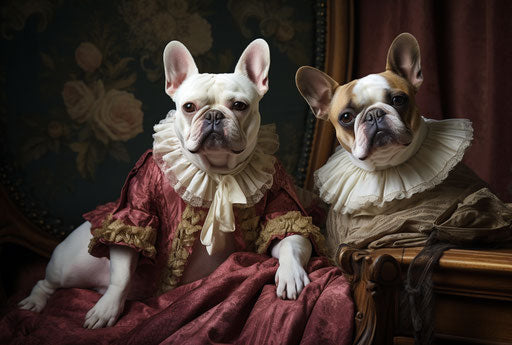 French bulldogs and their owners, in light maroon and light gold style