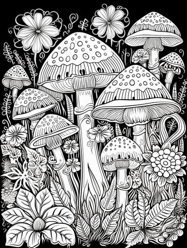 Mushrooms and flowers in the garden, cartoonish style, monochrome