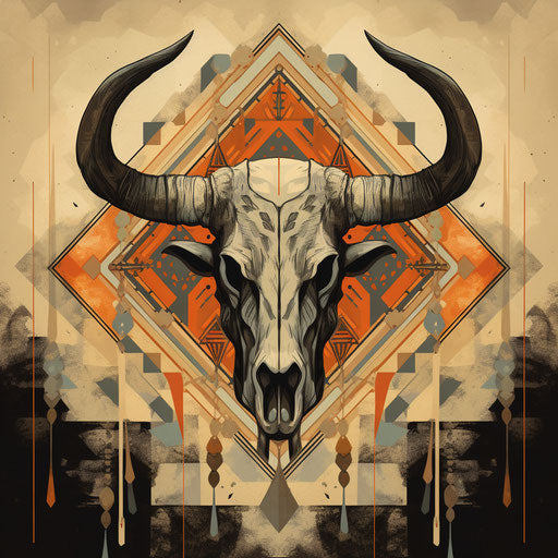 Bull skull on geometric background, folk-inspired motifs