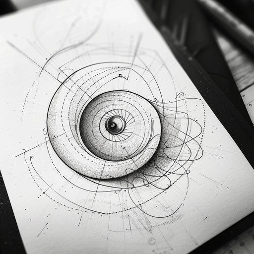 Graphic tattoo sketch of a Fibonacci sequence with sharp lines and a modern look