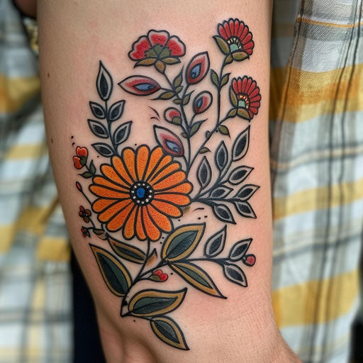 Tribal wildflower tattoo, bold lines, traditional patterns, earthy tones