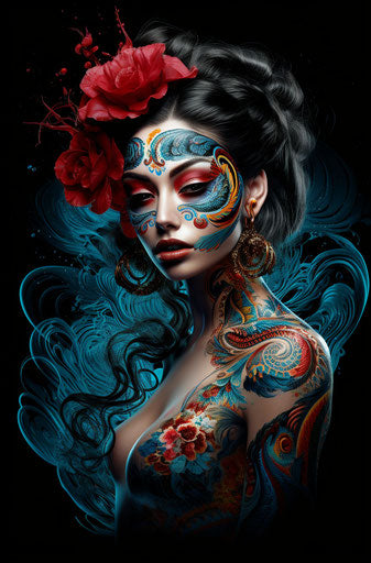 Paisley tattoo of a Mexican dancer, intense lighting