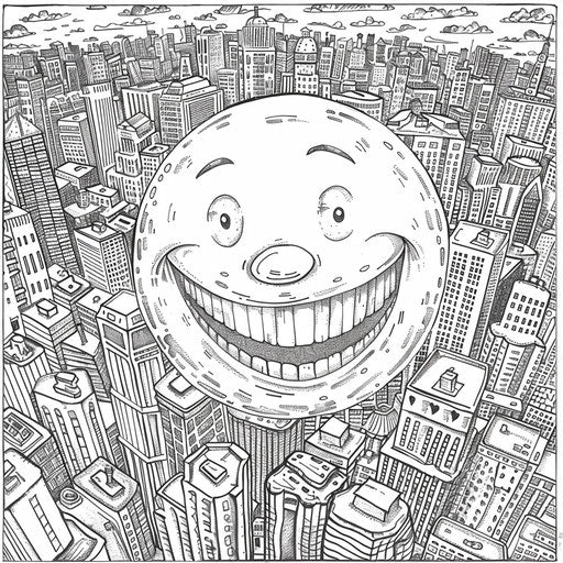 Urban-themed emojis with detailed cityscape backgrounds, Stephen Wiltshire style