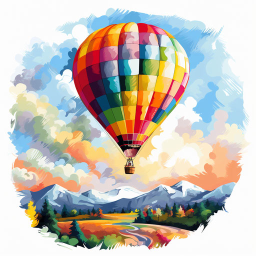 Hot air balloon illustration in the style of Impressionistic Art, on white background