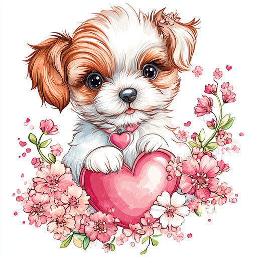 Adorable puppy with flowers and heart, vinyl decal