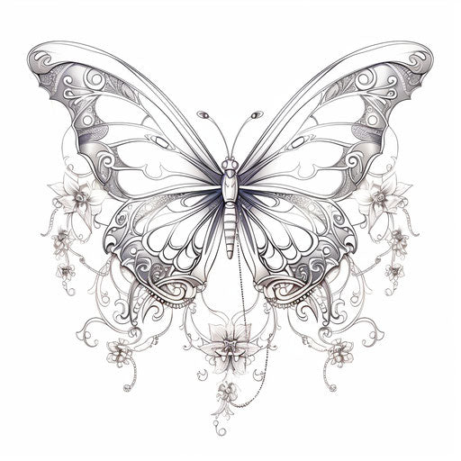 Elegant butterfly drawn with flowers and ornaments